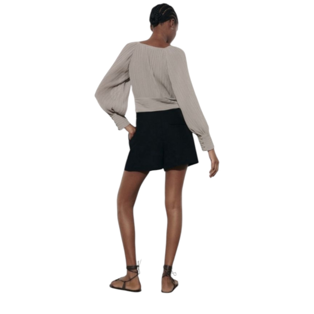 ZARA Taupe Silky New w/Tags Crop Knotted Pleated Blouse Top S - Picture 3 of 6